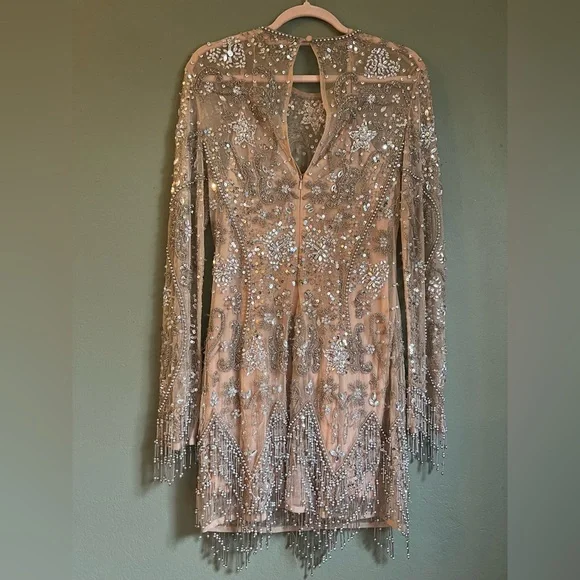 ASOS Edition embellished mini dress with beaded fringe hem in blush - Picture 6 of 7